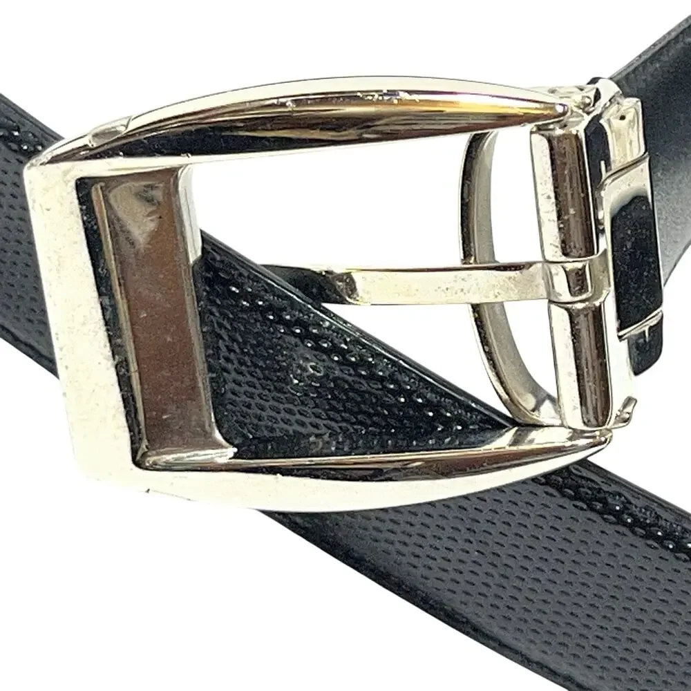 Montblanc Men Textured Black Leather Belt Silver Square Buckle 46